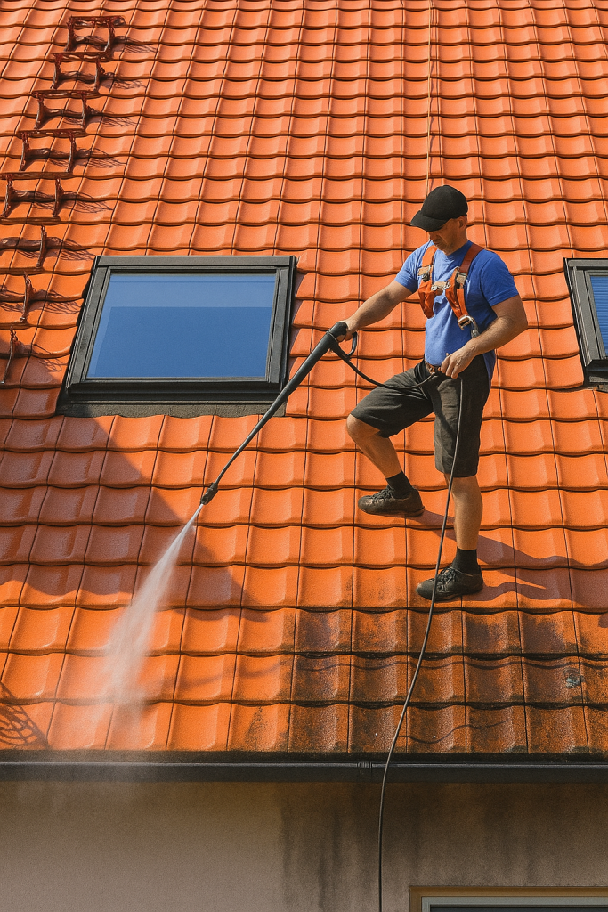 Artisan couvreur effectuant le démoussage d’une toiture à Torcy